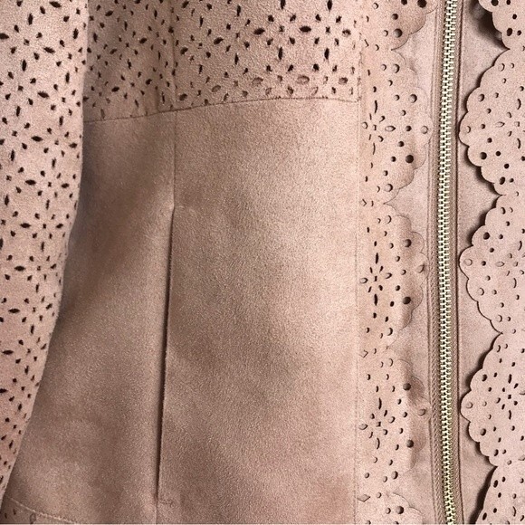 Chicos Faux Suede Perforated Laser Cut Zip Front Long Sleeve Camel Tan Jacket S - Picture 7 of 16